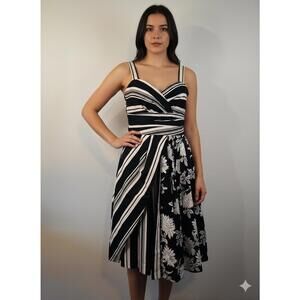 White House Black Market Black- White Striped Floral Patterned Casual Dress SZ 6